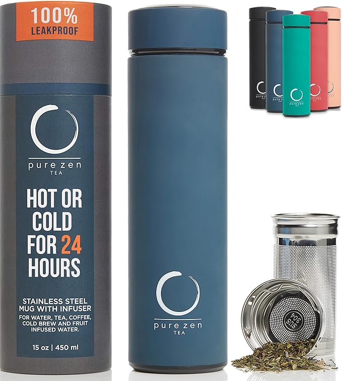 Pure Zen Tea Thermos with Infuser for Hot and Cold Infusions - Stainless Steel - Tea Infuser Bottle - Leakproof Travel Mug with Filter - 15oz - Blue
