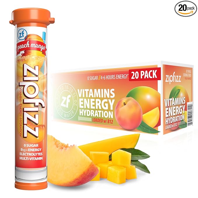 Zipfizz Daily Energy Drink Powder, Peach Mango, 20 Pack | 3-in-1 Sustained Energy, Rapid Hydration, and Essential Vitamins | Sugar-Free | Electrolyte Powder | Contains Vitamin B-12 & Antioxidants