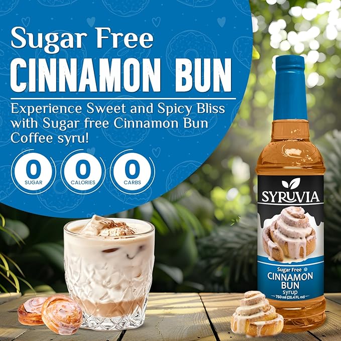 Syruvia Sugar Free Coffee Syrup, Cinnamon Bun Flavored Syrup for Drinks, Lattes, and Desserts – 25.4 fl oz