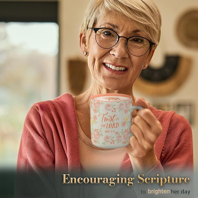 Christian Art Gifts Large Inspirational Women's Ceramic Coffee & Tea Scripture Mug: Trust in the Lord Encouraging Bible Verse, Microwave/Dishwasher Safe Novelty Drinkware, White & Pink Floral, 14 oz.