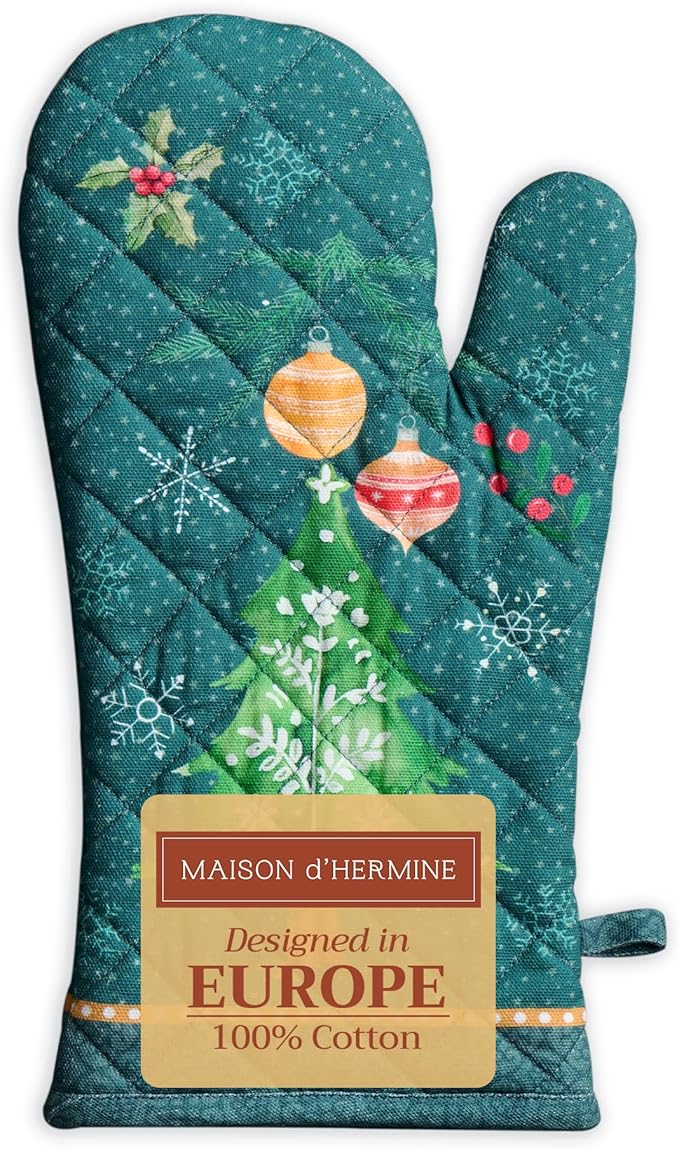Maison d' Hermine Oven Gloves 100% Cotton Oven Mitt 7" x 13" with Loop Heat Resistant, BBQ, Cooking Gloves, Baking, Grilling, Kitchen, Handling Hot Pans (Pack of 1, Hygge Christmas)
