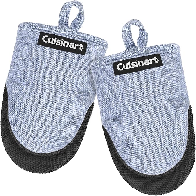 Cuisinart Mini Oven Mitts – 5.5” x 7” Heat-Resistant Kitchen Mitts for Oven with Non-Slip Neoprene Palm, Cotton Filling, and Fabric Loop – Durable Oven Mitt Set for Cooking & Baking (Light Blue)