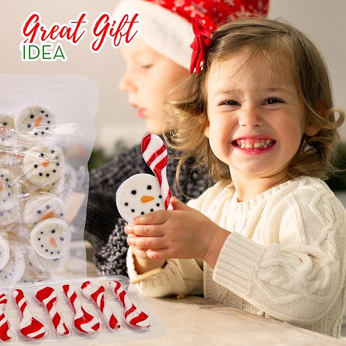 4E's Novelty Snowman Marshmmallow Toppers and Peppermint Spoons (24pc of Each) Candy Canes Spoons and Sugar Coated Snowman Face Marshmallows for Christmas Hot Chocolate Bar Supplies, Hot Cocoa Toppers Decorations