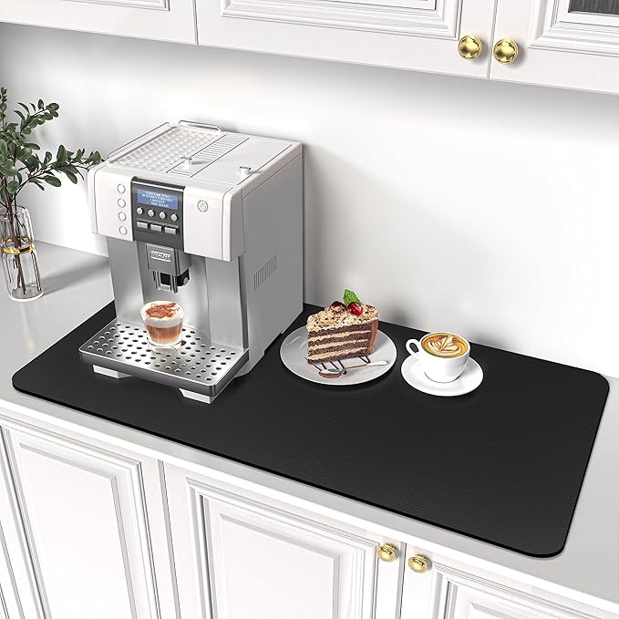 PoYang 31"x17" Coffee Mat X-Large, Coffee Bar Accessories for Countertop, Absorbent Dish Drying Mat, Anti-Slip and Hide Stain Pad for Espresso Machine, Espresso Maker and Kitchen Counter, Black