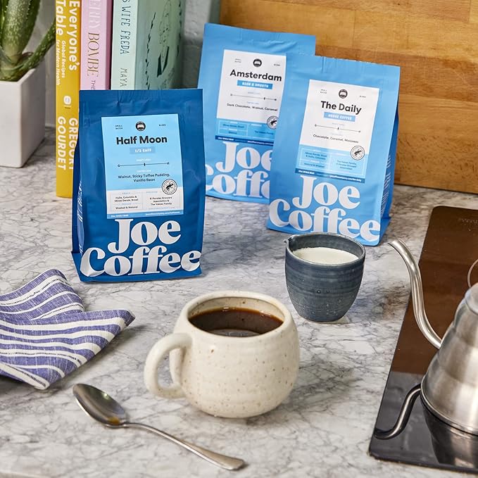 Joe Coffee Company, Half Decaf Half Regular Coffee Beans, Medium Roast, Chemical Free Decaffeination Process, Whole Bean, 12 oz Bag