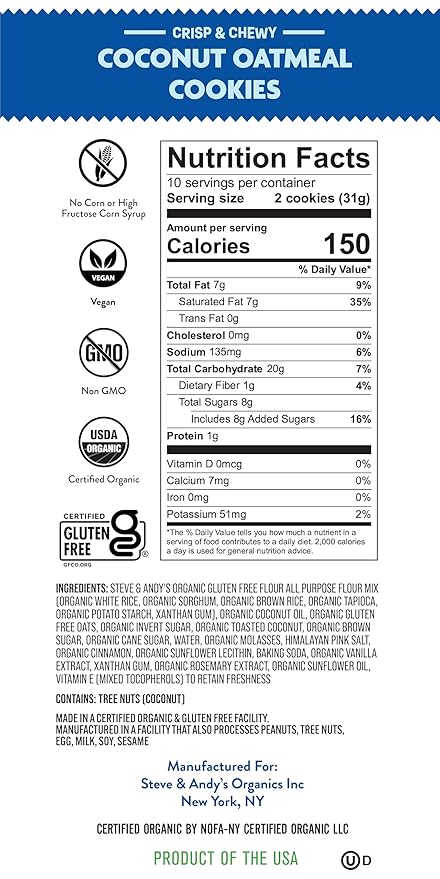 Steve & Andy’s Crunchy, Chewy Coconut Oatmeal Cookies -Organic, Gluten Free, Non-Gmo, Vegan, Dairy Free, Nut Free, Egg Free, Wheat Free, Soy Free, Plant-Base– 16.5 Oz, 3 Boxes (30 Cookies)