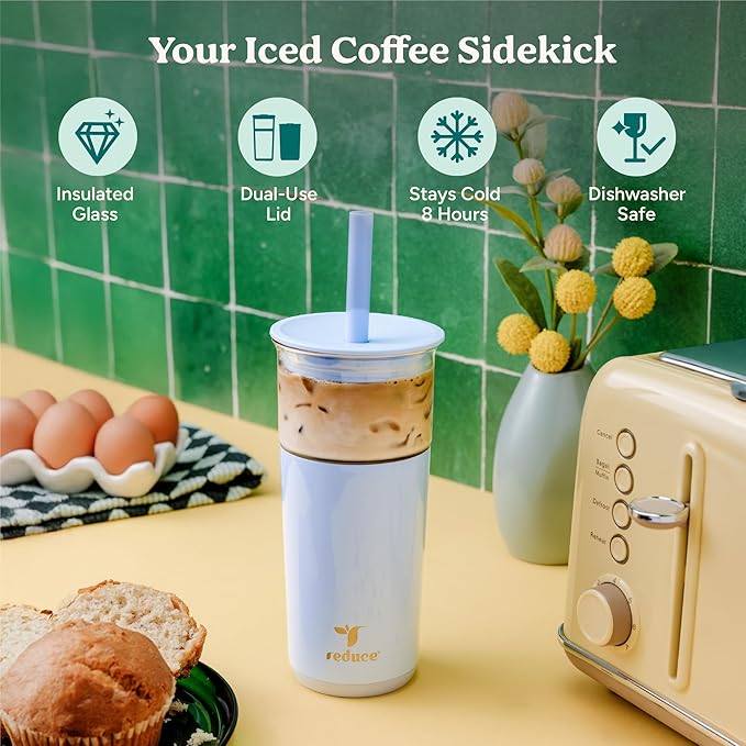 REDUCE Aspen 20 oz Vacuum Insulated Glass Tumbler with Lid & Extra Wide Straw - Keeps Drinks Cold for 12 Hrs - Ideal for Iced Coffee, Smoothies & Boba - Dishwasher Safe, Soft Base - Lilac Bud