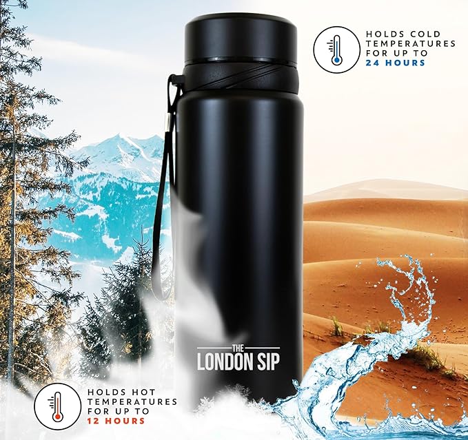 London Sip 25 oz Multi-Function Travel Mug and Tumbler Tea Infuser Water Bottle Fruit Infuser Flask Hot and Cold Double Wall Stainless Steel Coffee Thermos, Zen Black