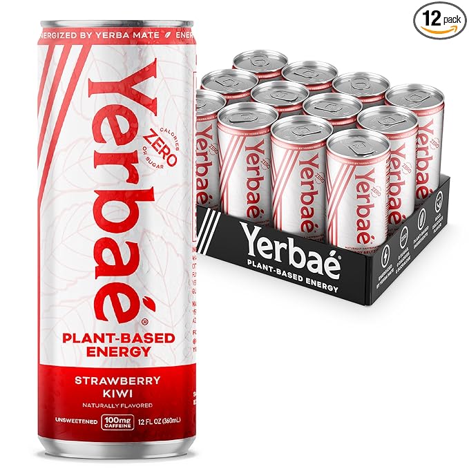 Yerbaé Energy Seltzer - Strawberry Kiwi, No Sugar/Calories/Carbs. Energized by Yerba Mate, Naturally Caffeinated Plant-Based, Healthy Alternative to Coffee/Sugary Sodas, Pack of 12, 12oz cans