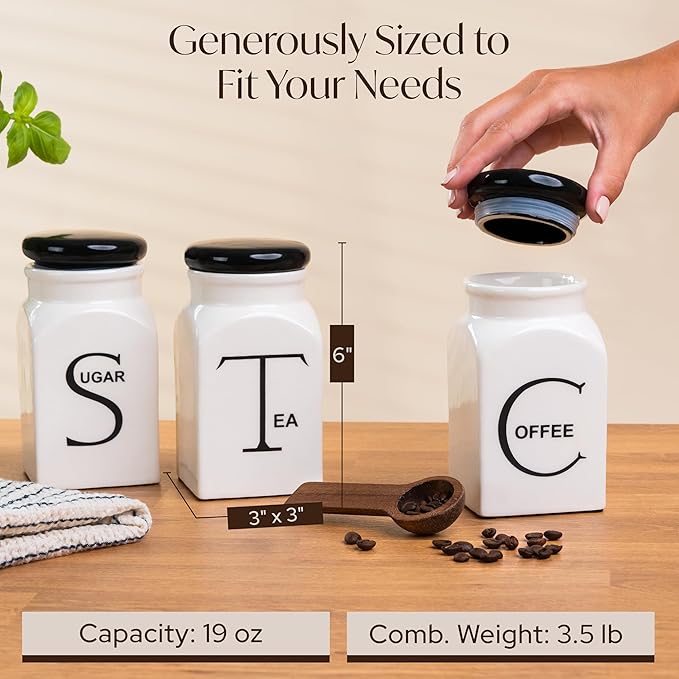Ceramic Canister Set of 3 – Small Kitchen Canisters for Sugar, Coffee & Tea – Airtight Food Containers with Lids – Coffee Canister, Sugar Container, Tea Set
