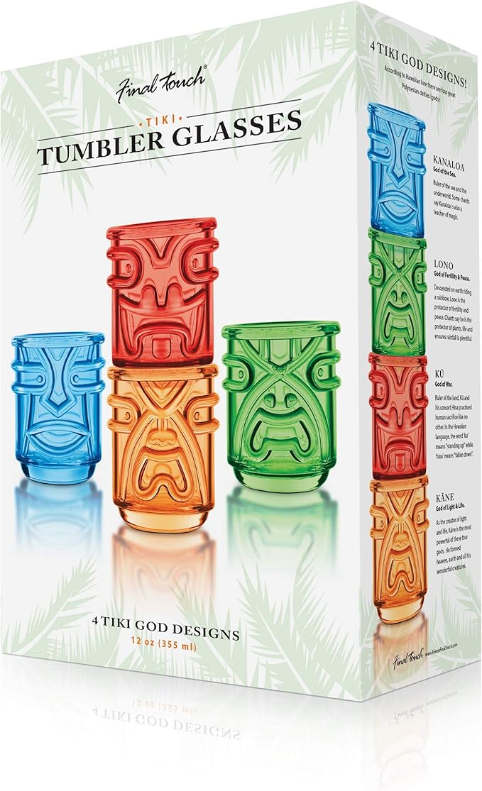 Final Touch Tiki Glasses Set of 4 - Kanaloa, Lono, Kū, Kāne Designs, 12 oz (355 ml), Multicolored, Stackable Totem Pole Storage, Durable Glassware for Tropical Cocktails (TK5302)