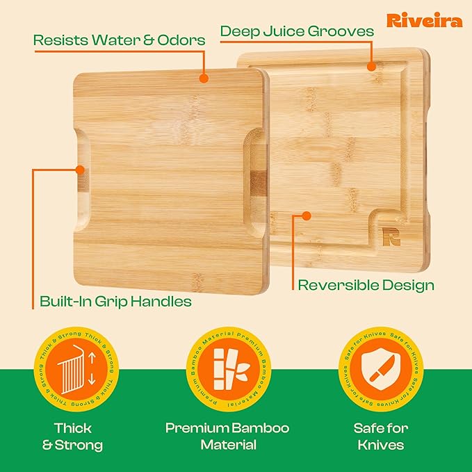 Riveira Brown Bamboo Wood Cutting Board – Gourmet Bamboo Grandeur: 8 x 8 Wooden Cutting Board – Wooden Cutting Boards For Kitchen Decorative – Innovative Juice Grooves Wooden Chopping Board
