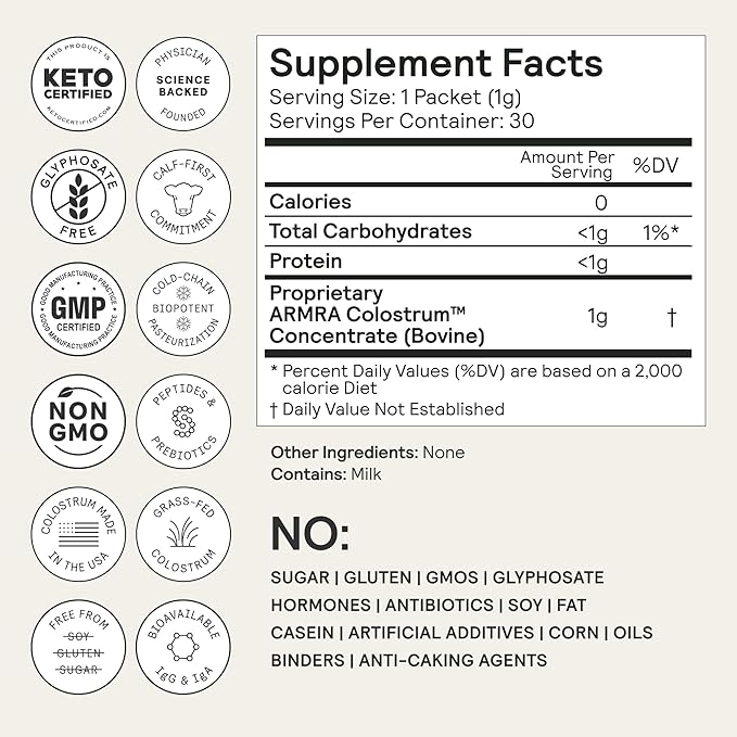 ARMRA Colostrum™ Powder | Unflavored | Gut Health & Bloating | Skin & Hair | Immunity | Keto, Gluten & Fat-Free | 30 Servings