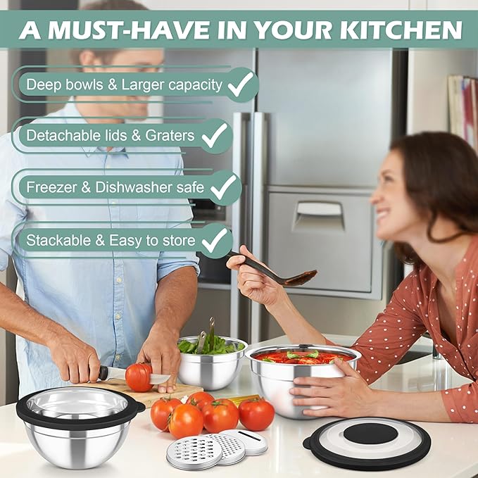 TeamFar Mixing Bowls, 3PCS Stainless Steel Serving Salad Bowls with Lids & 3 Graters, For Kitchen Mixing/Baking/Storing/Prepping, Visible & Airtight, Easy Clean - 4.5/3 / 1.5 QT, Black