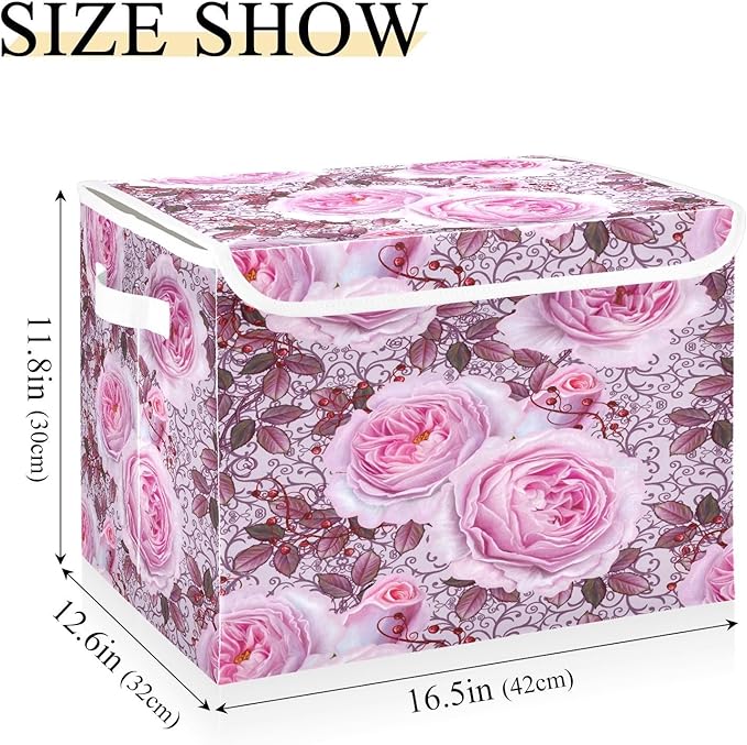 susiyo Beautiful Delicate Pink Roses fabric storage baskets with lids,Collapsible Storage Boxes,Foldable storage boxes with handles for Home,Office,Closet Organization