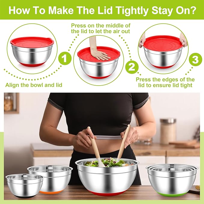 TeamFar Mixing Bowls, Stainless Steel Mixing Bowls with Lids, Nesting Salad Bowls with Air-tight Lids & Non-slip Bottom, Dishwasher Safe & Stackable, Set of 6-4.6/2.6/2 / 1.5/1 / 0.7 Qt