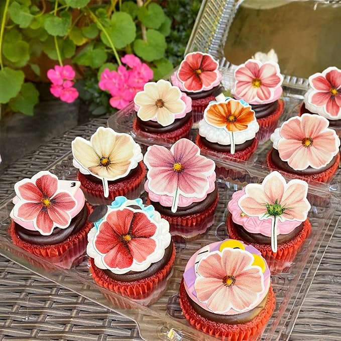 Ephlyn 50Pcs Edible Flower Cupcake Toppers Wafer Paper Spring Bridal Engagement Baby Shower Birthday Party Cupcake Picks Anniversary Party Decorations Supplies Rose Red