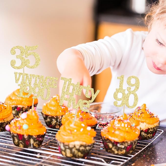 Gyufise 24Pcs Happy 35th Birthday Cupcake Toppers Glitter Thirty Five 35 Fabulous Vintage 1990 Cupcake Picks for 30th Birthday Wedding Anniversary Party Cake Decorations Supplies Gold