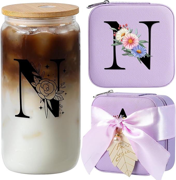 AYGXU Mothers Day Gifts for mom,Gift Sets for Women,Initial glass cups with lids and straws,Initial jewelry box for Women Teen Girls,Travel Essentials,Cute Tumbler Cup with lid,Initial purple N