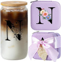 AYGXU Mothers Day Gifts for mom,Gift Sets for Women,Initial glass cups with lids and straws,Initial jewelry box for Women Teen Girls,Travel Essentials,Cute Tumbler Cup with lid,Initial purple N