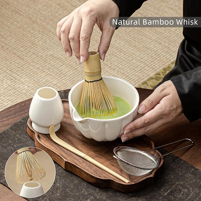 Matcha Whisk Set, Matcha Bowl with Spout, Matcha Whisk, Chasen Holder, Sifter, Bamboo Scoop - 5 Pcs Perfect Matcha Making Kit for Matcha Lover and Tea Ceremony (Pearl White)