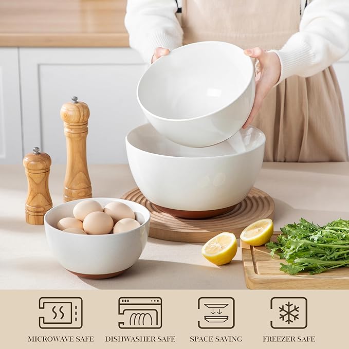 MALACASA Ceramic Mixing Bowls, Large Serving Bowls for Mixing, Cooking, Prepping, Baking, Salad, Soup, Pasta, Nesting Bowls Set of 3, 4.38/2.5/1.44 Qt, Oven, Microwave and Dishwasher Safe, Series TARA