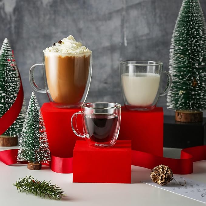 CNGLASS Insulated Espresso Glass Mugs 5.4oz/160ml, Small Clear Coffee Mugs Set of 2, Double Wall Glass Cups with Handle for Tea and Macchiato