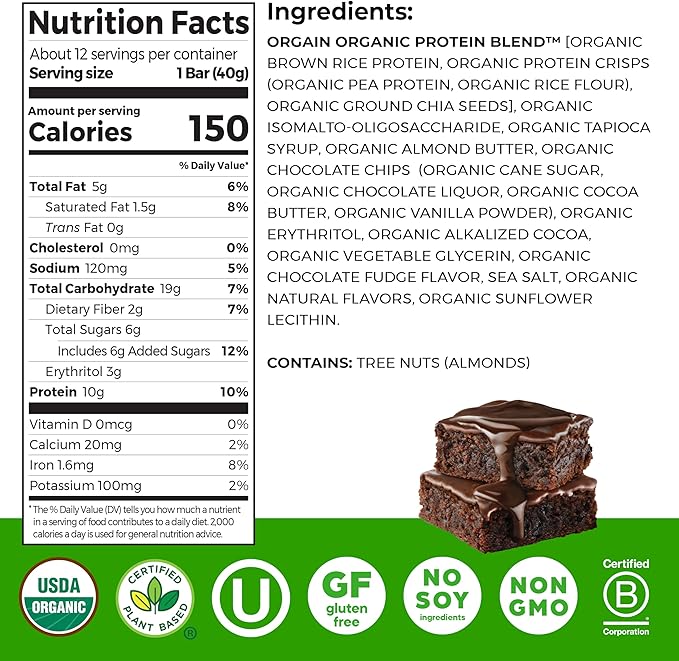 Orgain Organic Vegan Protein Bars, Chocolate Brownie - 10g Plant Based Protein, Low Calorie Healthy Snacks, No Lactose or Soy Ingredients, Gluten Free, Non-GMO - 1.41 Oz (Pack of 12)