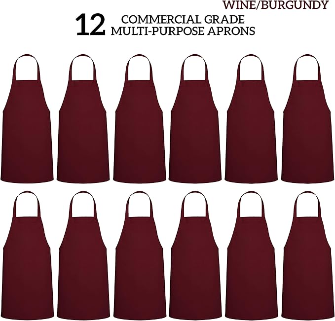 GREEN LIFESTYLE 12 Pack Professional Chef Apron – Grilling Aprons for Men, Waterproof Cooking Apron for BBQ, Work or Restaurant Use, Kitchen Aprons for Women – Burgundy, No Pockets