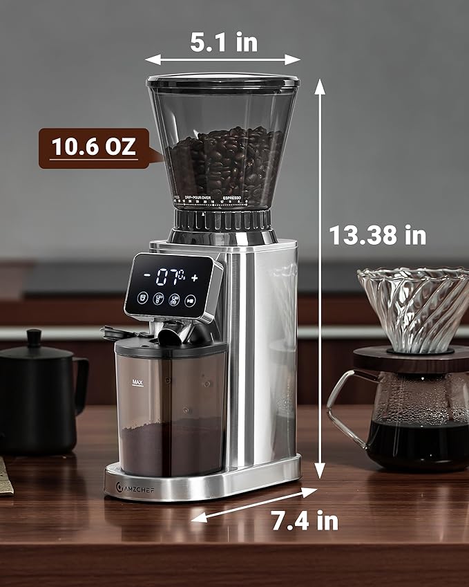 AMZCHEF Coffee Grinder, Burr Coffee Bean Grinder for Home Use with 48 Precise Grind Settings, Detachable Funnel Stand for Espresso, LED Control Panel, Anti-static Design, silver