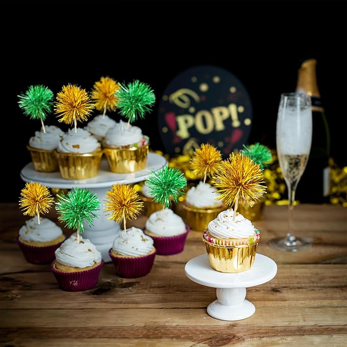 Gyufise 30Pcs Foil Firework Cupcake Toppers Sparkle Tinsel Cake Toppers Tinsel Drink Cake Decoration Cocktail Picks for Birthday Wedding Graduation Party Supplies Gold Green