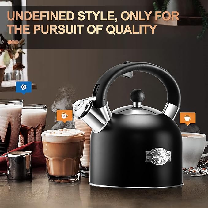 SUSTEAS Tea Kettle - 3.17QT Whistling Kettle with Ergonomic Handle - Premium Stainless Steel Tea Pots for Stove Top, Chic Vintage Teapot with Composite Base, Work for All Stovetops (Black)