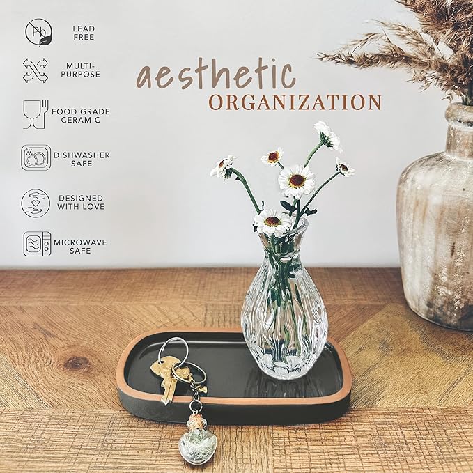 Mora Ceramic Decorative Tray - Rectangle 6.4in Dish for Jewelry, Perfume, Makeup, Accessories, Candle, in The Bathroom Vanity, Bedside, or Kitchen Counter. Cute Organizers - Black