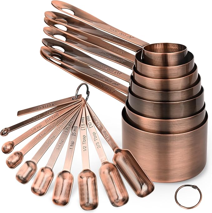 Measuring Cups and Spoons Set, Copper Measuring Cups and Spoons Set 17, Stainless Steel Measuring Cups and Spoons set, Metal 7 Measuring Cups and 9 Measuring Spoons with 1 Leveler for Kitchen