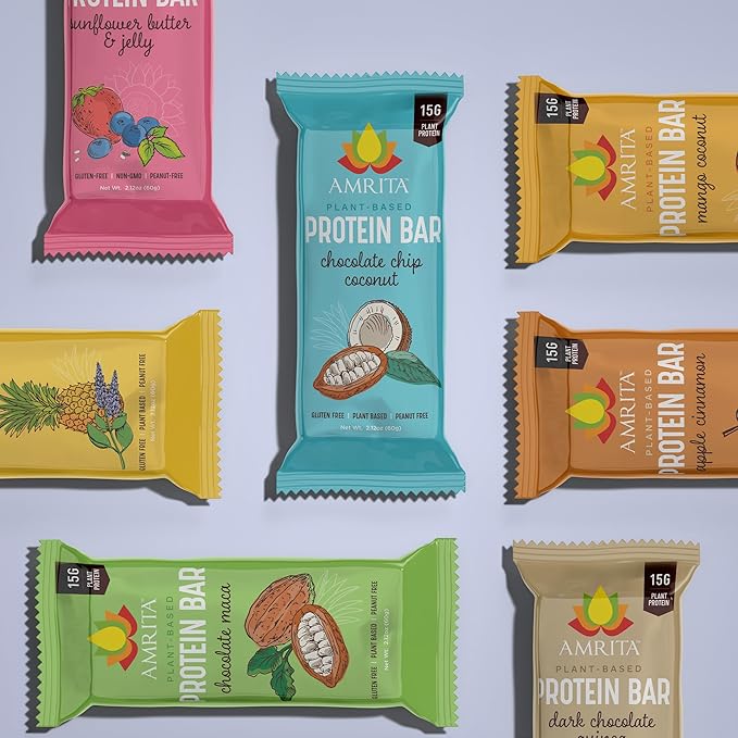 Amrita Nut Free Variety Pack Vegan Protein Bars (12 Count PK of 3) | 11g to 12g Plant-Based Protein Bar | Peanut Free, Gluten Free, and Dairy Free | Low Sugar, High Fiber, Healthy School-Safe Snacks