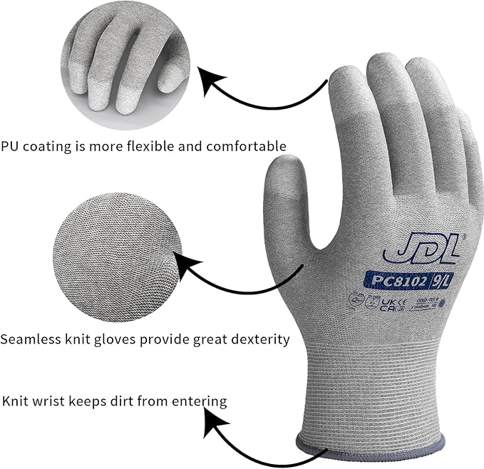 JDL ESD Work Gloves, Anti-Static Gloves for PC Building, Computer Installation & Repair, High Resistance Carbon Fiber Gloves, X-Large