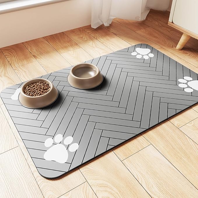 Pet Feeding Mat-Absorbent Pet Placemat for Food and Water Bowl, with Waterproof Rubber Backing, Quick Dry Water Dispenser Mat for Dog and Cat (16"x24", Striped Light Gray)