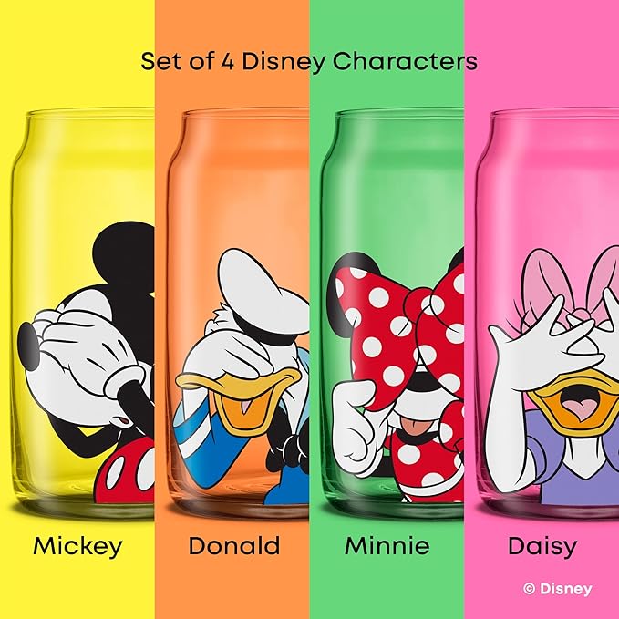 JoyJolt Disney Mickey Mouse & Friends Peek-a-Boo Collection Tumblers, 16oz Can Shape Tumbler Drinking Glass Cups Set, Glass Tumbler Set of 4 w/Glass Straws, Disney Gifts, Mickey Mouse Glasses