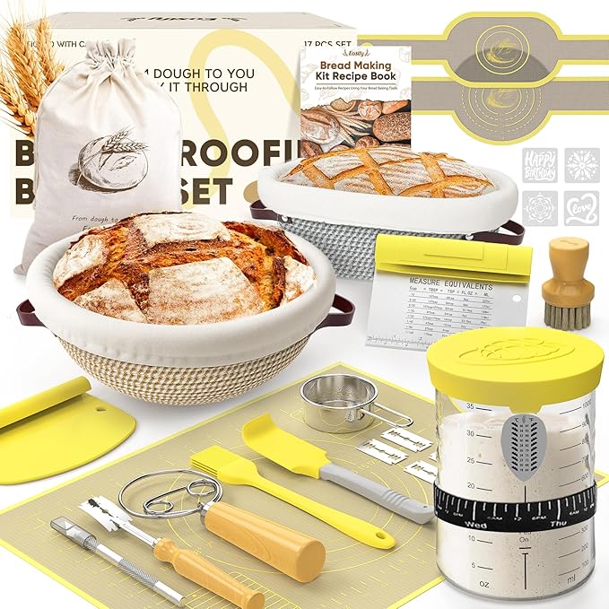 Sourdough Starter Kit with Cotton Rope Banneton Basket & Jar, Bread Baking Supplies and Tools Set, Complete Sourdough Bread Making Kit, Baking Gift for Women Moms & Beginners