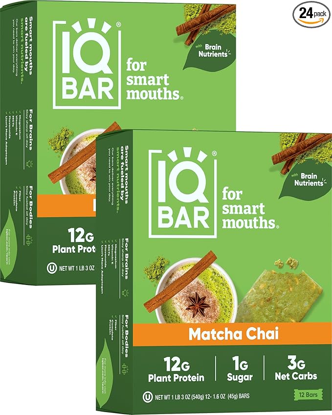 IQBAR Brain and Body Plant Protein Bars - Matcha Chai - 24-Count - Keto, Vegan, Low Carb, High Fiber, Gluten Free, Dairy Free, Low Sugar Snack with Nutrients for Focus, Energy, Meal Replacement