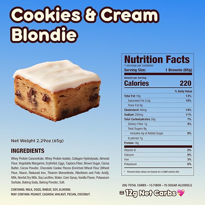 Prime Bites Protein Brownie from Alpha Prime Supplements | High Protein, Collagen Fortified Low Sugar Treat | Delicious Snack | 12 Bars per Box (Cookies & Cream Blondie)