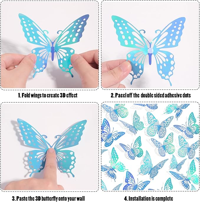 SAOROPEB 3D Butterfly Wall Decor - 48 Pcs, 4 Styles, 3 Sizes - Removable Stickers for Birthday & Party Decorations