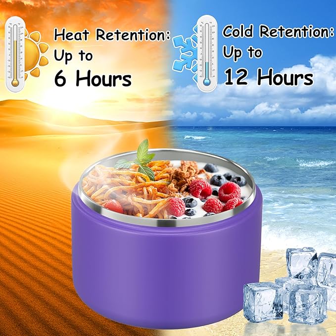 12oz Insulated Vacuum Food Jar with Buckle Lid Wide Mouth Soup Thermo for Hot Food Kids Leakproof Stainless Steel Lunch Container (Purple, 12OZ)