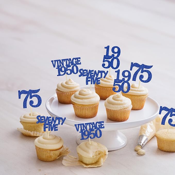 Gyufise 24Pcs Vintage 1950 Cupcake Toppers Glitter Cheers to 75 Fabulous Seventy Five Cupcake Picks 75th Birthday Wedding Anniversary Party Cake Decorations Supplies Deep Blue
