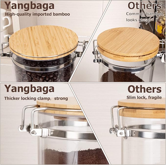 Yangbaga 2Pcs Coffee Sugar Canisters with Shelf, 38OZ Plastics Storage Containers for Ground Coffee Bean Storage with Lid Airtight Locking Clamp and Coffee Scoop, Food Storage Jar for Kitchen