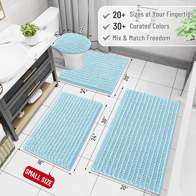 Arotive Luxury Chenille Bathroom Rug Mat, Extra Soft Thick Absorbent Shaggy Bath Rugs, Non-Slip Machine Wash Dry, Plush Bath Mats for Bathroom, Shower and Tub, 30x17, Blue