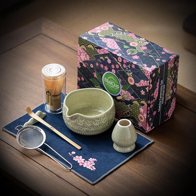 Matcha Whisk Set, Ceramic Matcha Set Includes Matcha Bowl, Matcha Whisk and Holder, Bamboo Scoop, Scoop Rest, Sifter and Tea Towel - 7 Pcs Matcha Kit for Matcha Lovers (Mottled Green)