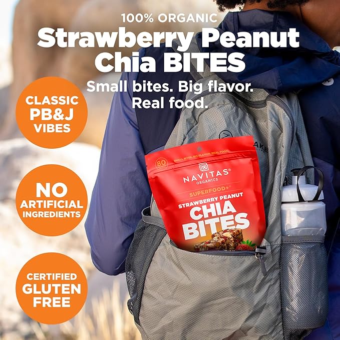 Navitas Organics Strawberry Peanut Chia Superfood+ BITES – Power Snacks – All Natural Plant Based – Clean Energy & Nutrition – USDA Organic, Non GMO, Gluten Free, Kosher, Vegan (8oz. Bag 11 Servings)