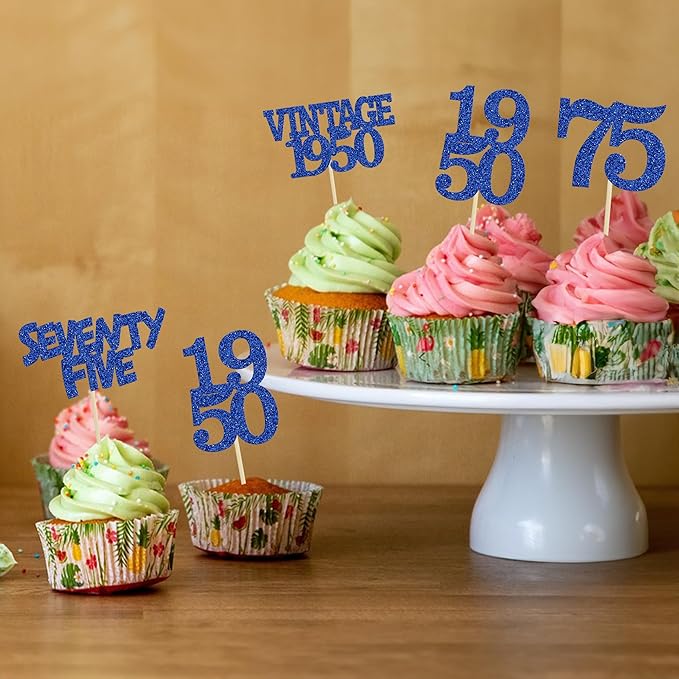 Gyufise 24Pcs Vintage 1950 Cupcake Toppers Glitter Cheers to 75 Fabulous Seventy Five Cupcake Picks 75th Birthday Wedding Anniversary Party Cake Decorations Supplies Deep Blue