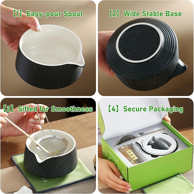 Matcha Whisk Set, Ceramic Matcha Set with Spout, Matcha Bowl Kit with Sifter, Whisk and Holder, Bamboo Scoop, Scoop Rest, Tea Towel, 7 Pcs Matcha Kit Set for Making Breakfast/Latte for Matcha Lovers